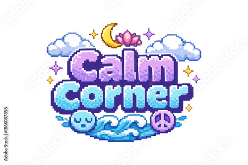 Pixel art calm corner with soothing icons and peaceful vibes