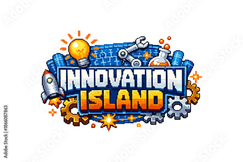 Pixel art innovation island: creative tech adventure with gears and gadgets