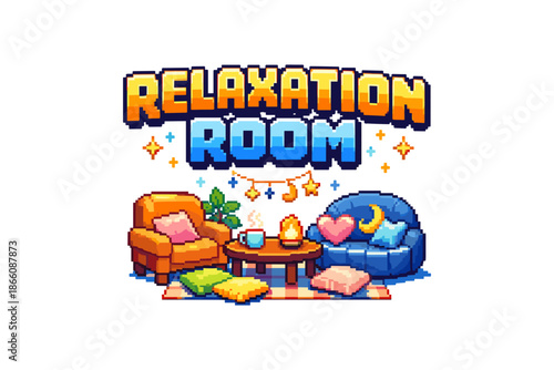 Cozy pixel art lounge with relaxing vibes and colorful decor