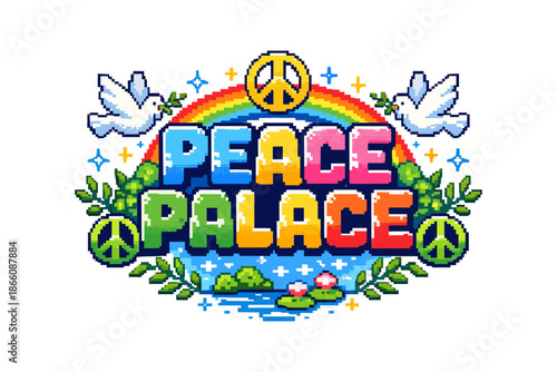 Colorful pixel art peace design with doves and rainbow accents