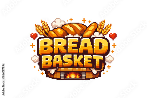 Pixel art bread basket logo with wheat and heart accents