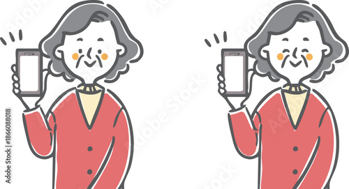 スマホを持つシニア女性　上半身　ベクター