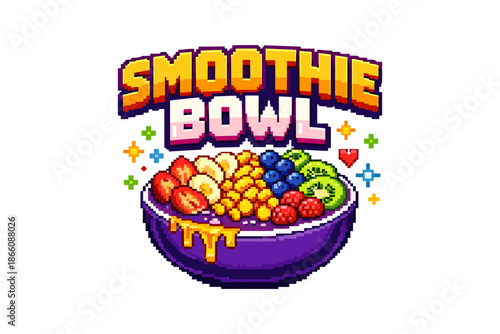 Colorful pixel art smoothie bowl with fresh fruits and honey drizzle