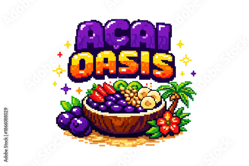 Pixel art acai oasis bowl with fruit and tropical elements