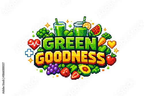 Pixel art green smoothie with fruits and vegetables elements