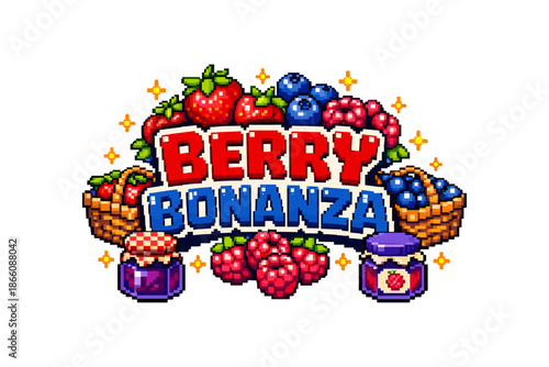 Pixel art berry festival with strawberries, blueberries, and jam jars