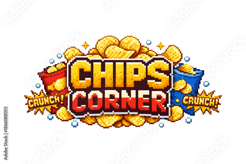 Colorful pixel art chips logo with crunchy snack design