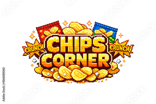 Retro pixel art snack logo with crunchy chips and bold text