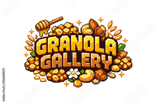 Retro-inspired granola banner with nuts and honey in pixel art style