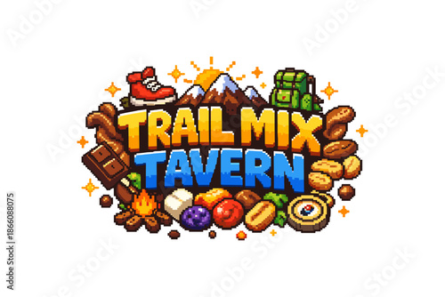 Retro gaming logo with adventure and snack icons