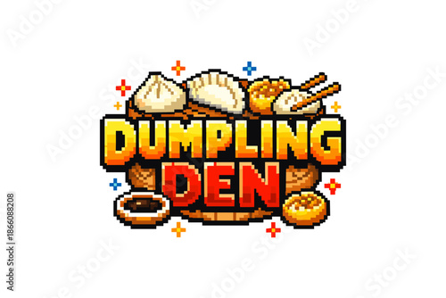 Pixel art dumpling logo with text and dim sum elements