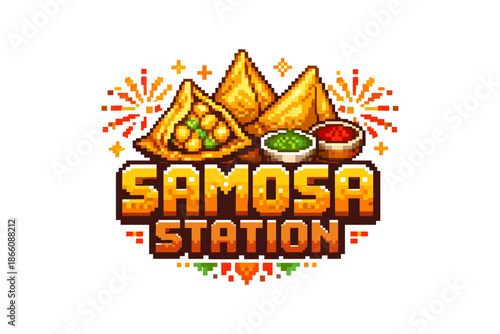 Pixel art samosa logo with spicy chutney dips and decorative elements