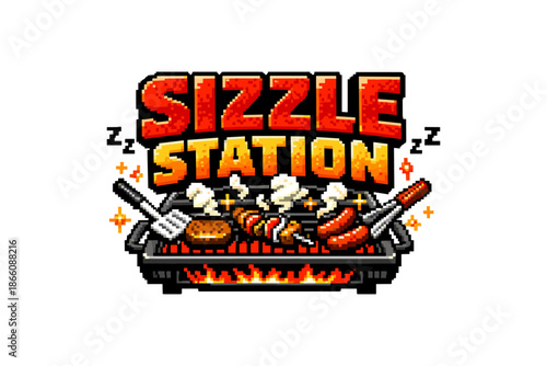 Pixel art barbecue grill with sausages and tools in retro style