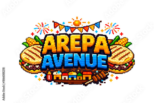 Colorful pixel art arepa festival with fireworks and sunburst decorations