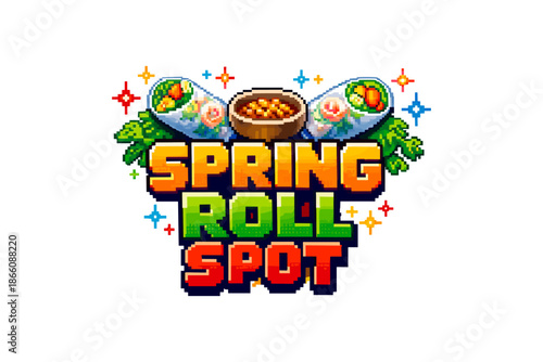 Retro game style logo featuring vibrant spring rolls and sauce bowl