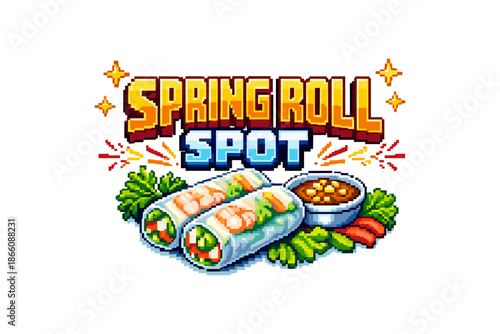 Pixel art spring roll logo with vibrant colors and retro design elements