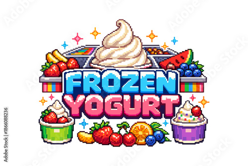 Colorful pixel art frozen yogurt design with fruit toppings and retro style text