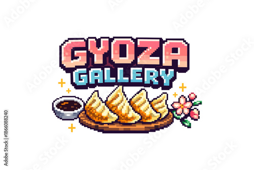 Pixel art gyoza design with dipping sauce and cherry blossom