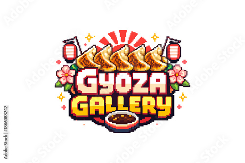 Pixel art gyoza logo with sakura and lanterns