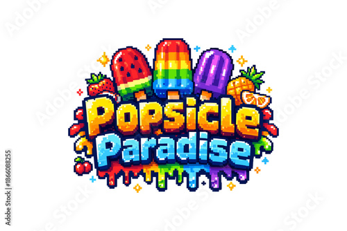 Colorful pixel art popsicle design with fruity theme and retro vibe