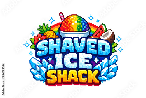 Vibrant pixel art design for shaved ice with tropical fruits and ice elements