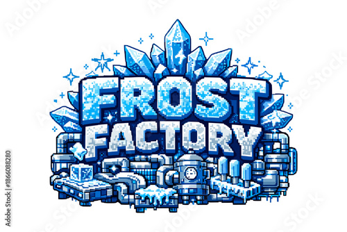 Retro pixel art frost factory: icy industrial design with crystals and snowflakes