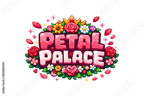 Colorful pixel art floral logo with roses and crown for game design