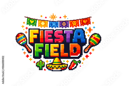 Vibrant fiesta theme with pixel art maracas and sombrero design