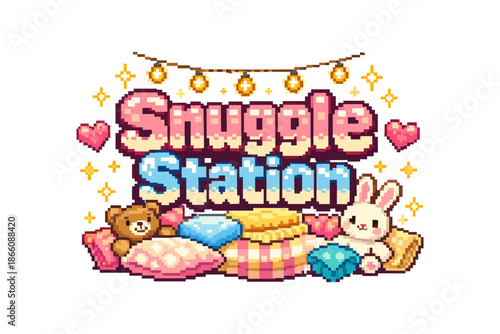 Cozy pixel art snuggle scene with cute animals and pillows in a whimsical setting
