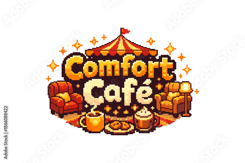Cozy café logo with pixel art coffee theme and warm retro ambiance