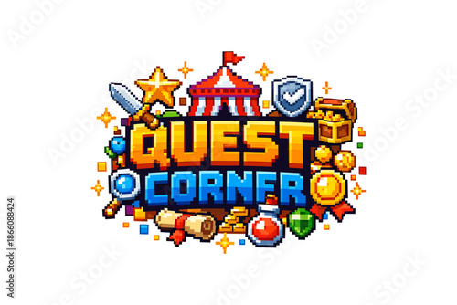 Retro gaming adventure logo: pixel art icons with treasure and shields