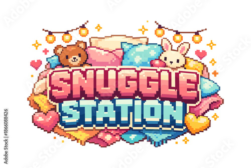 Cozy snuggle station with pillow, teddy bear, and bunny in pixel art style