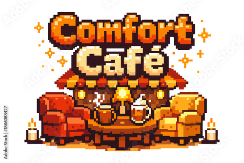 Cozy café lounge with pixel art design featuring comfortable seating and hot beverages