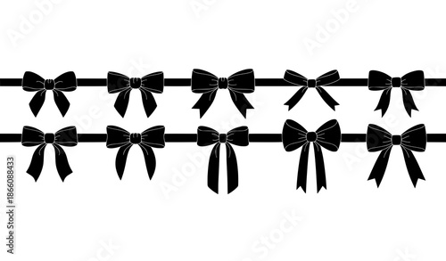 Black bow silhouette vector set with handmade ribbon shapes for decorative design