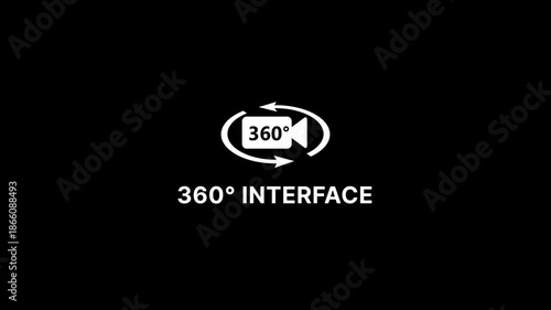 360 degree interface rotating camera symbol with arrows on black background for virtual reality and panoramic applications