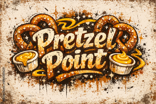 Rustic pretzel shop logo with grunge style and cheese dip accents