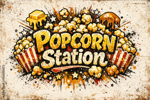 Retro popcorn station poster with cheese and caramel flavors in grunge style