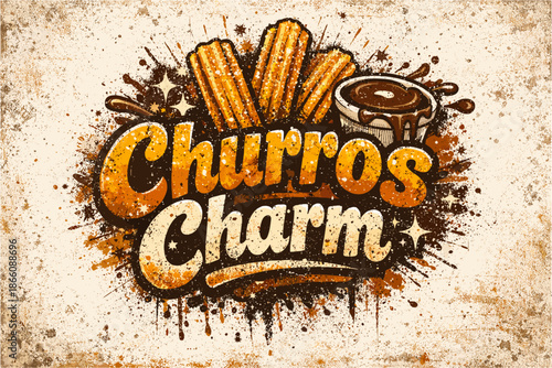 Rustic churros charm with chocolate splash in vintage grunge style