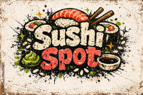 Vintage grunge sushi logo with artistic text and japanese cuisine elements