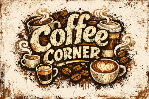 Rustic coffee corner: retro grunge design with steaming cups and beans