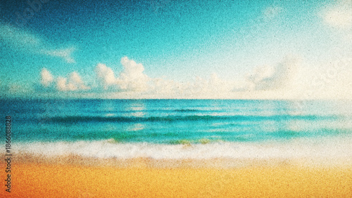 Ocean horizon with calm turquoise waves with nostalgic dreamy mood and grainy texture created from thousands of individual dots. Peaceful summer coastline. Serene beach and turquoise ocean. Vector