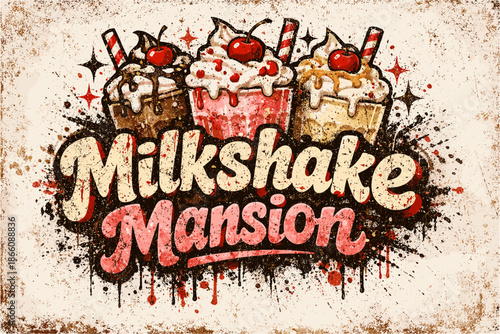 Retro milkshake cafe logo with cherry toppings and vintage style