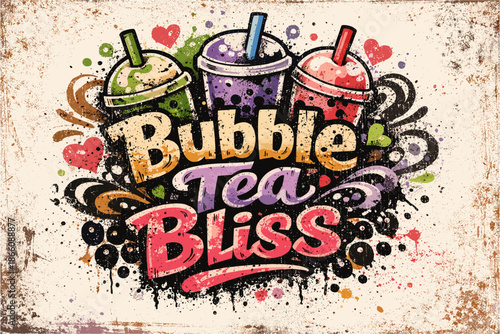 Colorful bubble tea bliss with grunge splash design and creative typography