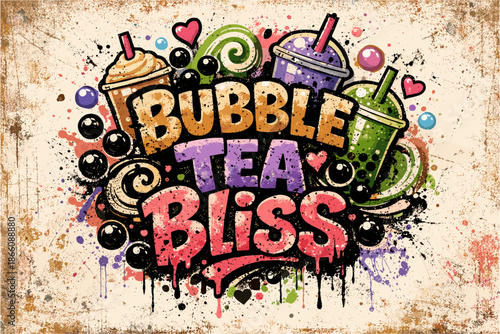 Colorful graffiti style bubble tea art with energetic urban vibes