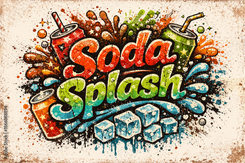Vibrant soda splash with cans and ice cubes in dynamic pop art style