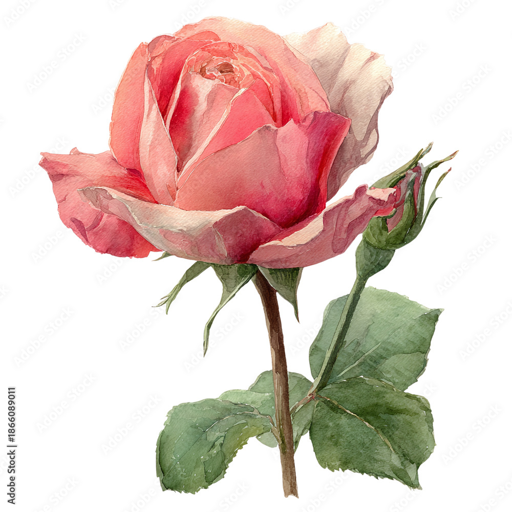 Fototapeta premium Watercolor pink rose with green leaves and bud illustration, perfect for floral designs
