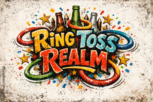 Retro grunge ring toss game with colorful bottles and stars