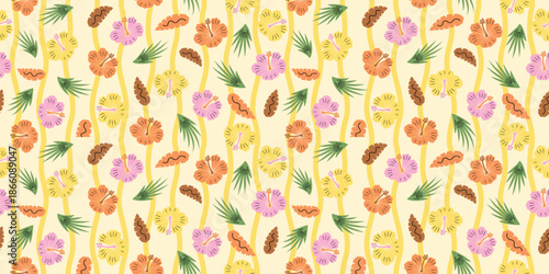 Beautiful tropical hibiscus floral pattern fashion, gentle, cute, soft look. Sweet hibiscus flower design for summer wear, shirts, sun hats, bags. Seamless hibiscus floral print. cream yellow color. 