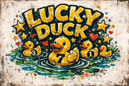 Retro lucky duck design with vintage grunge texture and numbered yellow ducks