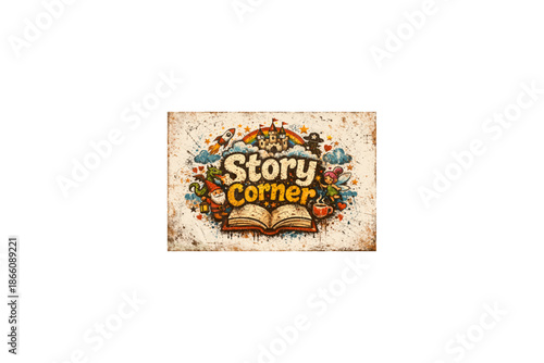 Whimsical story corner: imaginative adventure with open book and fantasy elements